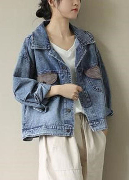 Organic Blue Peter Pan Collar Pockets Denim Coats Spring