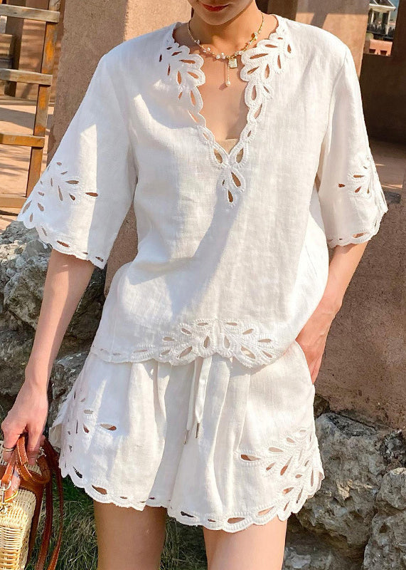 French White V Neck Hollow Out Tops and Shorts Linen Two Pieces Set Half Sleeve