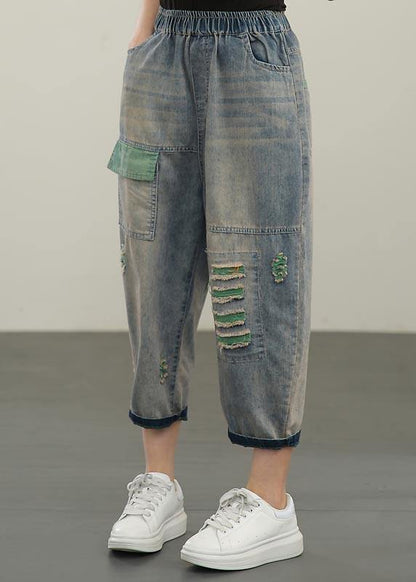 Blue Elastic Waist Hole Denim Pants Summer