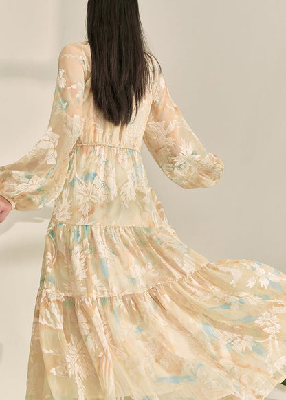 Yellow O-neck Print Long Dresses Lantern Sleeve