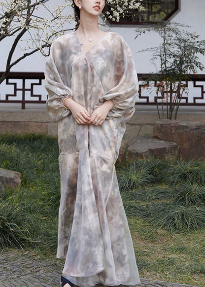 V Neck Print Patchwork Party Long Dress Spring