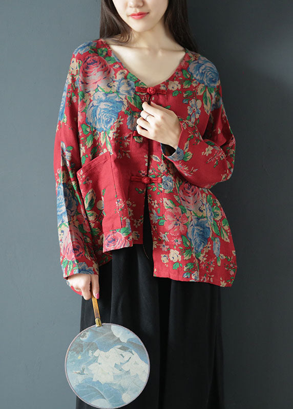 Red Asymmetrical Print Cotton Coats Spring