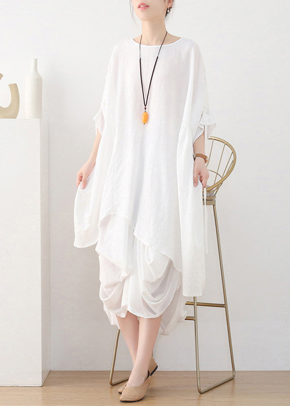 White O-neck Drawstring Cotton Pullover Tops Summer