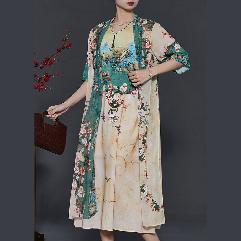 Apricot Print Chiffon Fake Two Piece Dress Summer