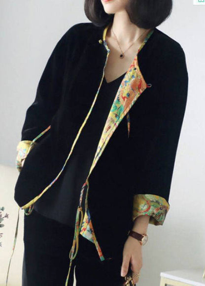 Italian Black Retro Print Patchwork Velour Fall Long Sleeve Shirt Top