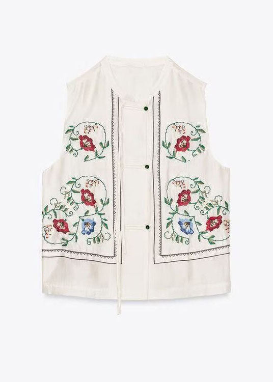 White Embroidered Tassel Cotton Top Sleeveless