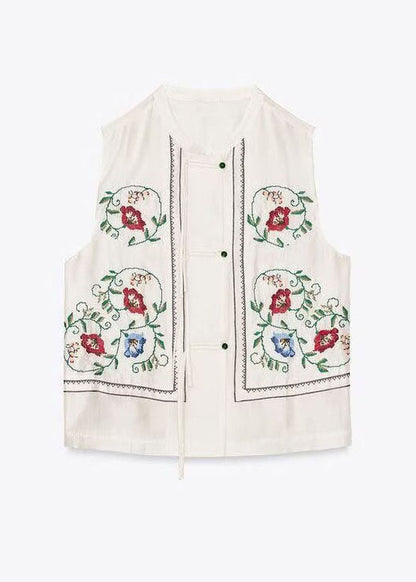 White Embroidered Tassel Cotton Top Sleeveless