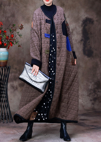 Chocolate O-neck Patchwork Applique Fine Cotton Filled Witner Coat Long Sleeve
