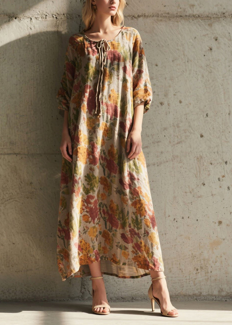 Khaki Tie Neck Print Cotton Holiday Dress Summer