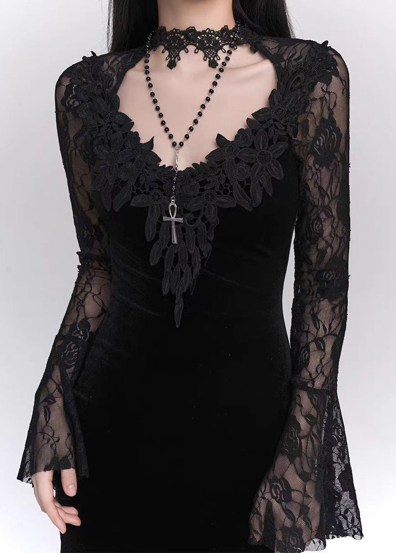 Black Hollow Out Lace Patchwork Silk Velvet Maxi Dresses Flare Sleeve