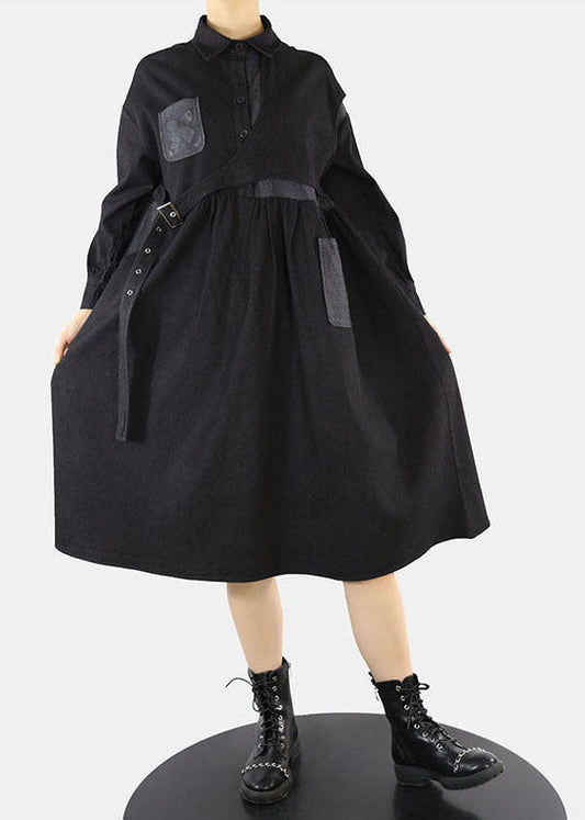 Style Black Asymmetrical Design Cinched Peter Pan Collar Denim Dress Spring