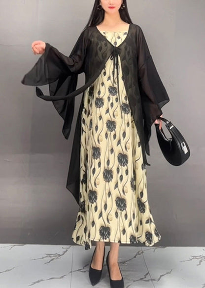 French Black Print Cardigans and Maxi Dress Two Pieces Set Fall