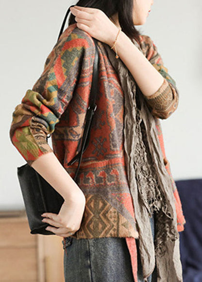 Diy Khaki Loose Knit Print Button Pockets Fall Sweater Cardigans