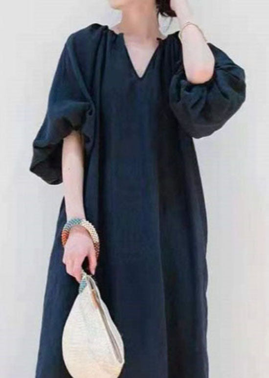 Black V Neck Side Open Cotton Dresses Puff Sleeve