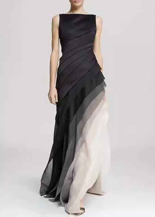 French Black High Waist Patchwork Tulle Maxi Dresses Sleeveless Summer