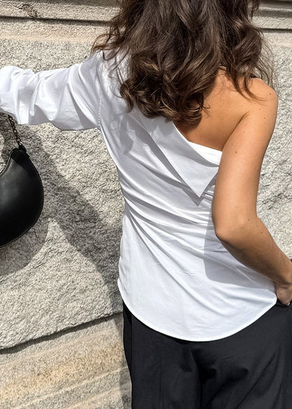 White One Shoulder Patchwork Cotton Shirt Tops Fall