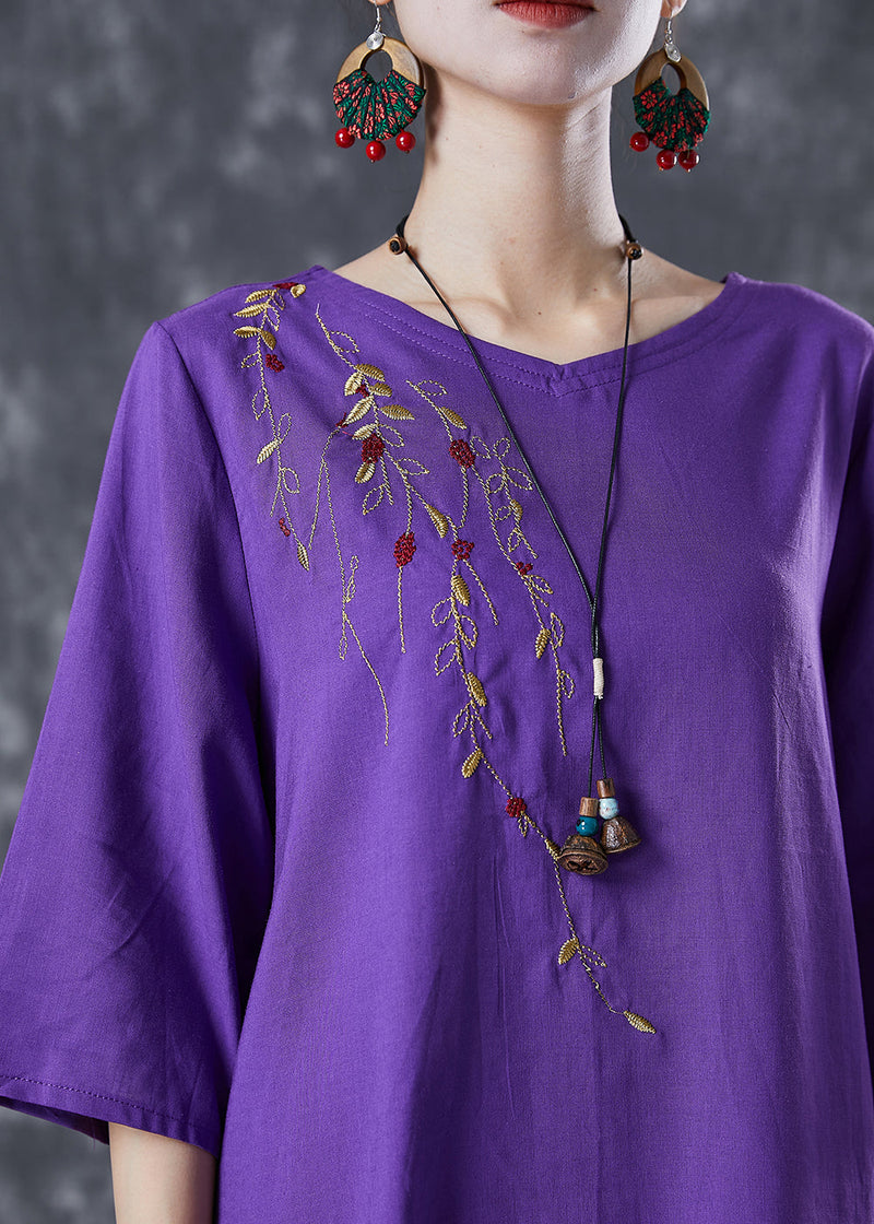 Purple Embroideried Linen Two Pieces Set Summer