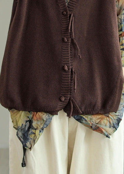 Brown V Neck Button Tassel Patchwork Knit Vest Sleeveless