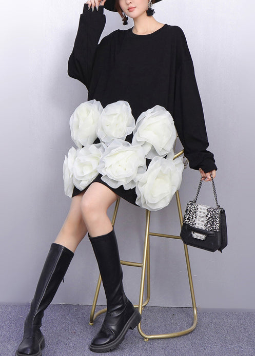 Black Decorated Cotton Mid Dresses Oversized Spring