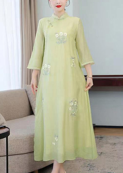 Light Green Stand Collar Embroideried Silk Long Dresses Half Sleeve