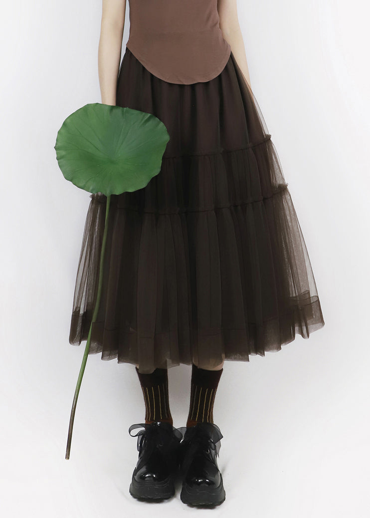 Chocolate Patchwork Tulle Pleated Skirt Elastic Waist
