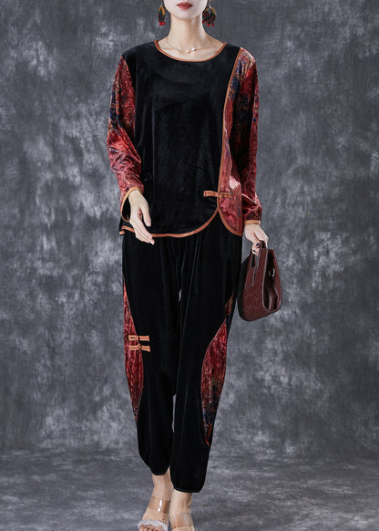 Red Oversized Patchwork Print Silk Velour Two Pieces Set Fall
