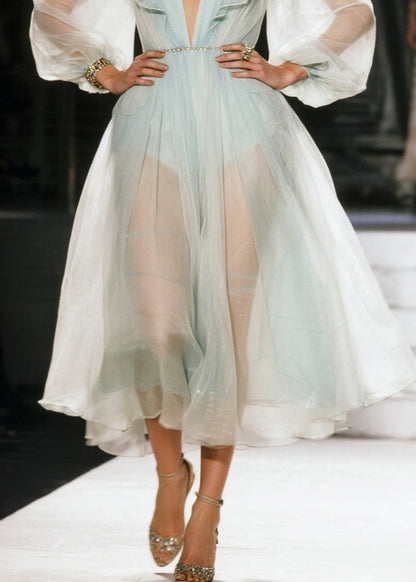 White Ruffled Sheer Organza Holiday Dress Summer