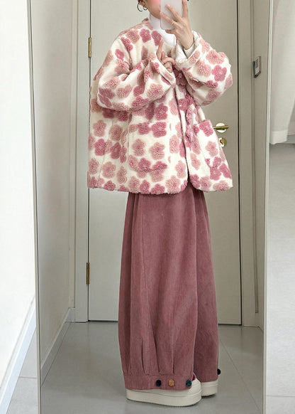 Pink Pockets Mink Velvet Coats and Wide Leg Pants Two Piece Set Winter