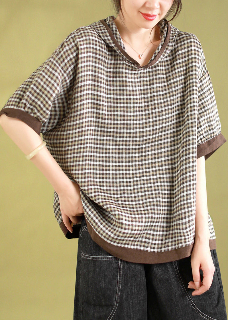 Navy Hooded Plaid Linen Shirt Tops Summer