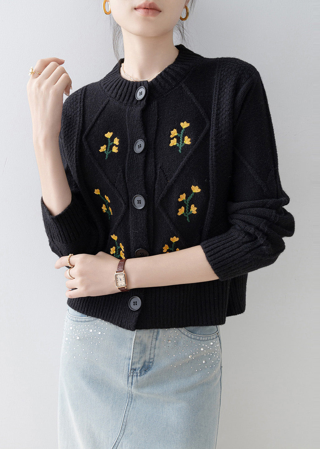 Italian Black Embroidered Thick Knit Cardigan Winter