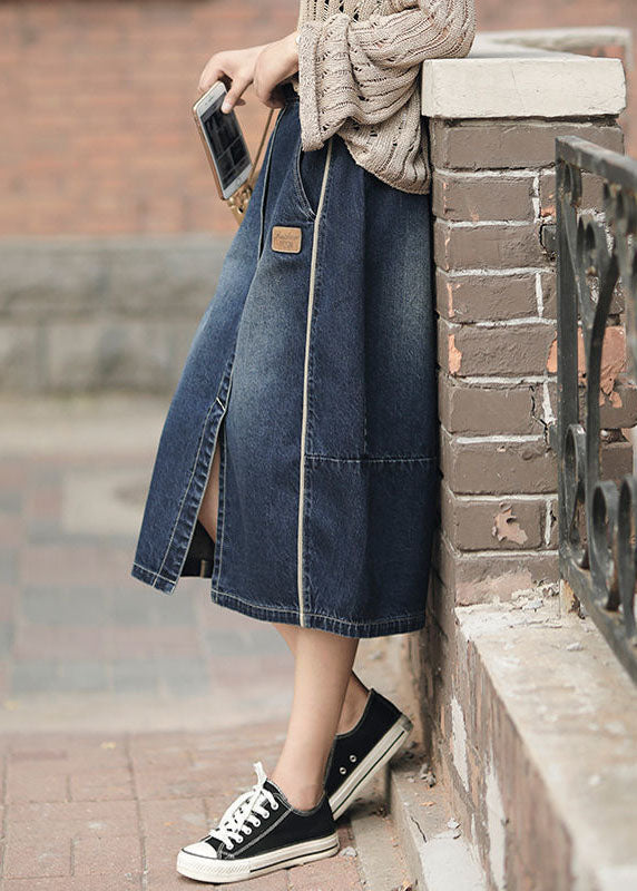 Denim Blue High Waist Pockets Patchwork Side Open Cotton Skirts Summer