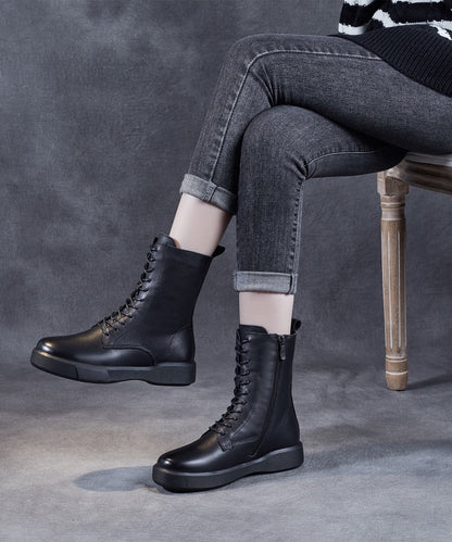 Black Platform Cowhide Leather Lace Up Boots