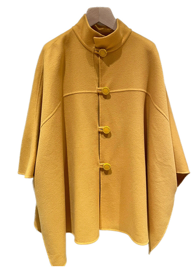 Yellow Stand Button Patchwork Woolen Cape Coats Fall