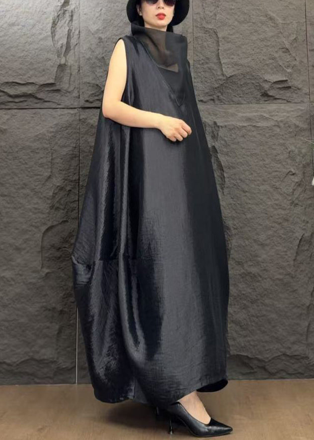 Black Patchwork Silk Long Dresses Turtleneck Summer