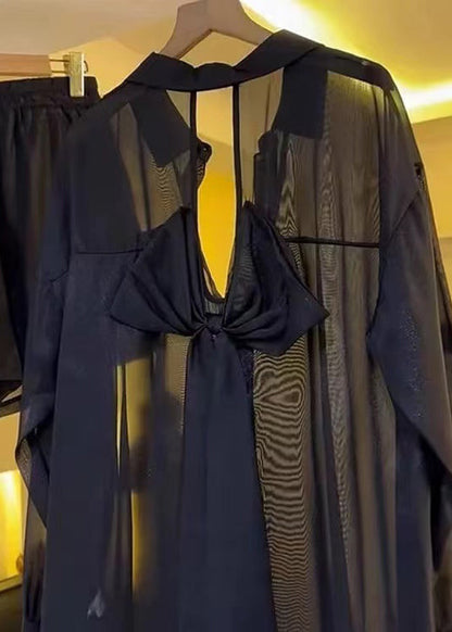 Black Bow Backless Chiffon Sheer Blouses Summer