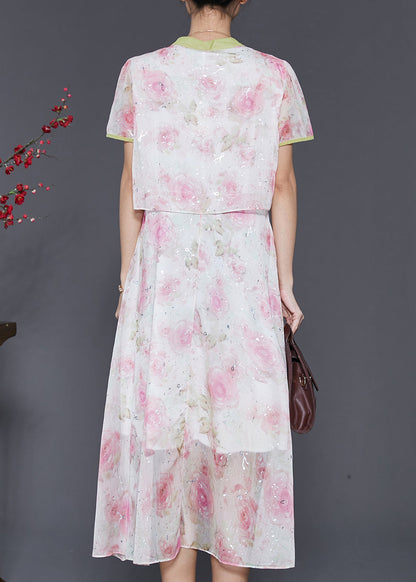 Pink Tasseled Patchwork Print Silk Dress Summer