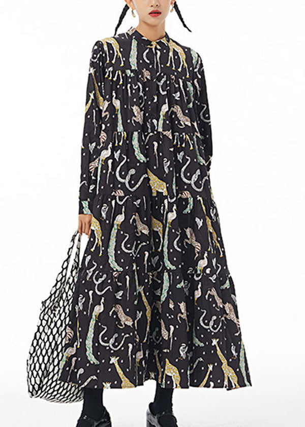 Black Stand Collar Animal Print Patchwork Cotton Shirts Dress Spring
