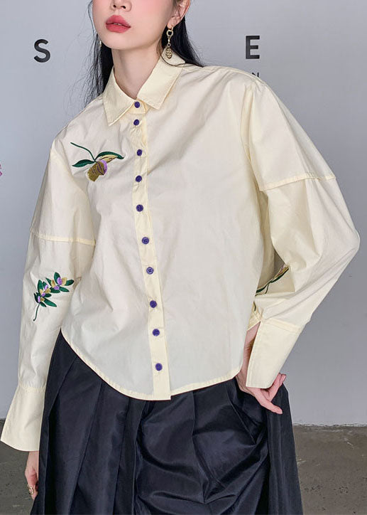 Beige Embroideried Patchwork Cotton Shirt Top Spring