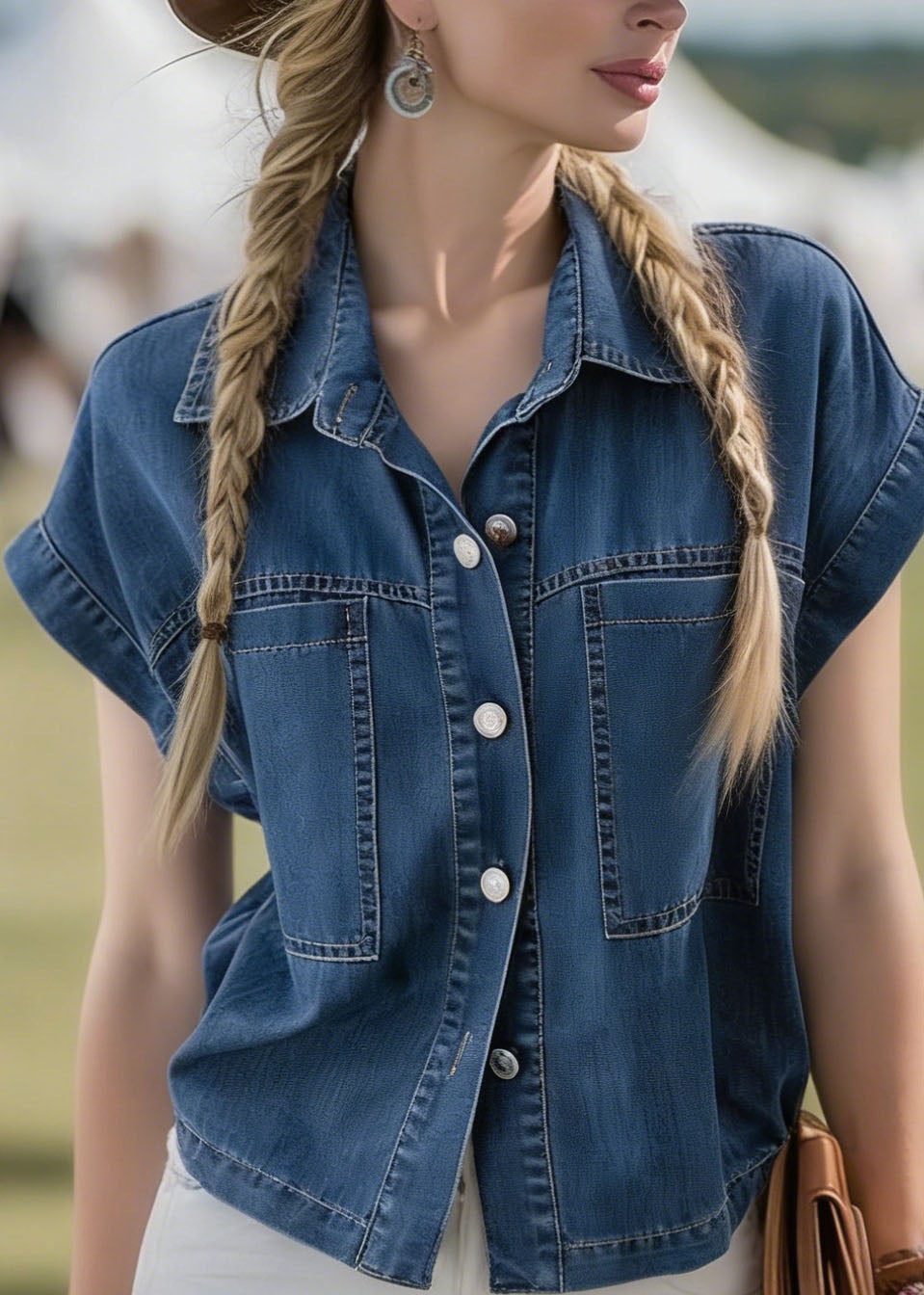 Blue Peter Pan Collar Denim Shirts Top Summer