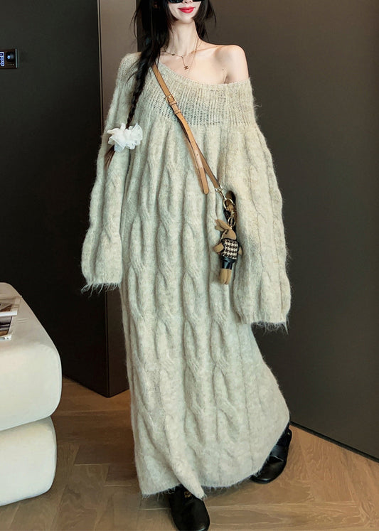 Original Khaki O Neck Hollow Out Knit Sweater Dress