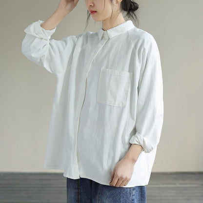 Organic White Tops Blouses Lapel Pockets Loose Spring Blouses