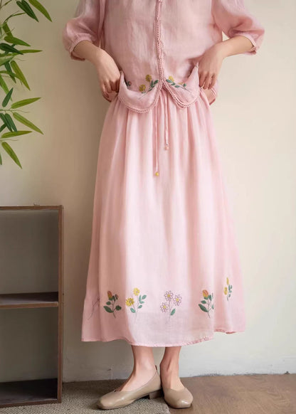 Yellow Embroidered Elastic Waist Linen Skirt Summer