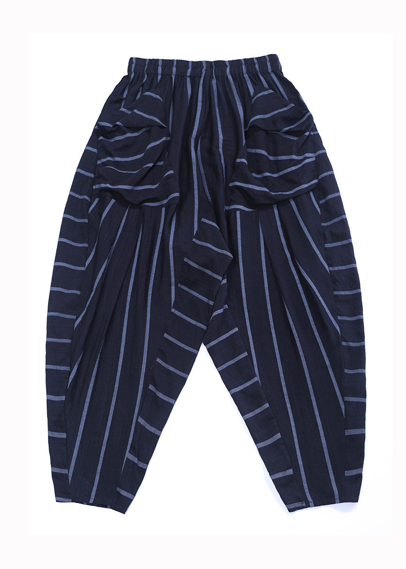 Black Pockets Striped High Waist Cotton Harem Pants Fall