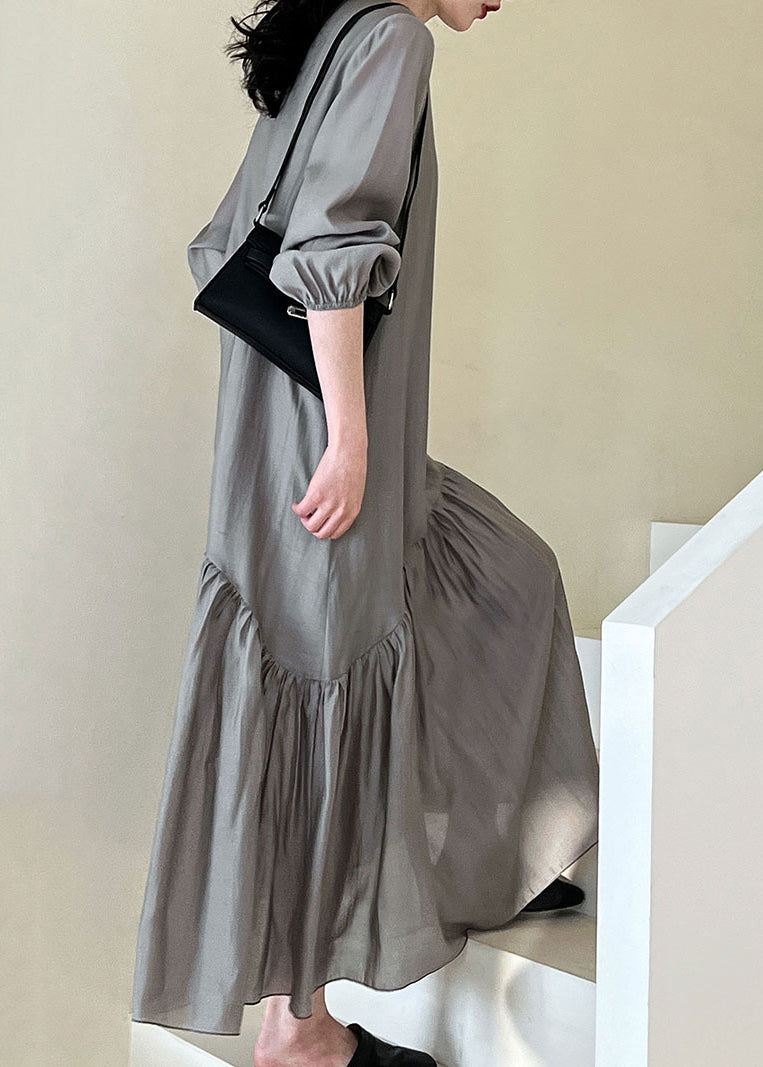 French Apricot V Neck Wrinkled Patchwork Cotton Long Dresses Fall