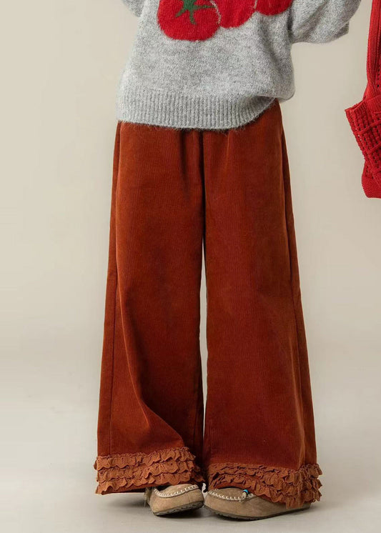 Brick Red Ruffled Oversized Corduroy Straight Pants Spring