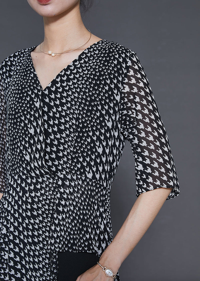 Fine Black Asymmetrical Print Chiffon Two Pieces Set Summer