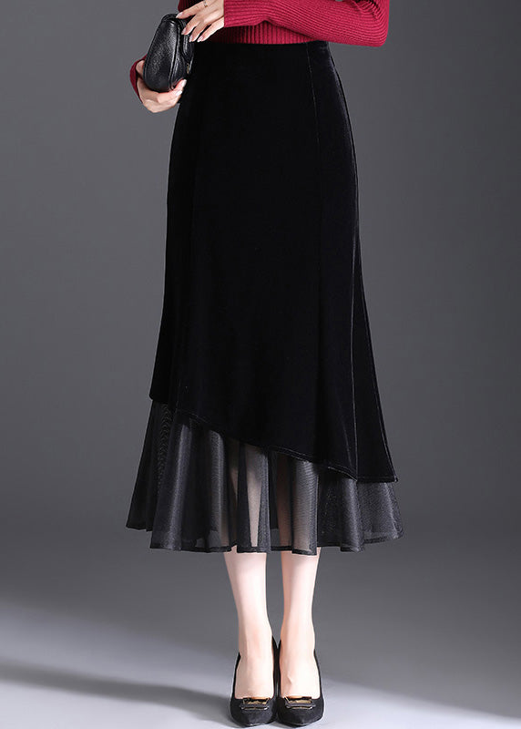 Black Zippered Elastic Waist Velvet Fishtail Skirts Spring