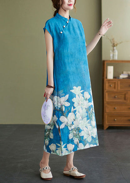 Blue Mandarin Collar Print Side Open Cheongsam Dresses Short Sleeve