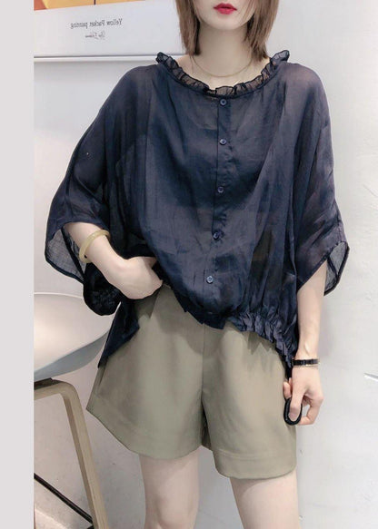 Black Tops Ruffles Trim Half Sleeve Shirts Blouse