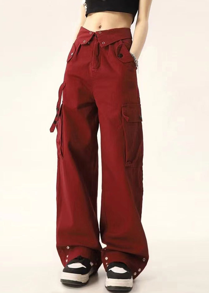 Stylish Red Pockets High Waist Denim Pants Spring